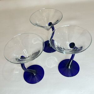 Libby Martini Glasses Cobalt Blue Curved Stem Art Glass Swerve Bravura Set 3